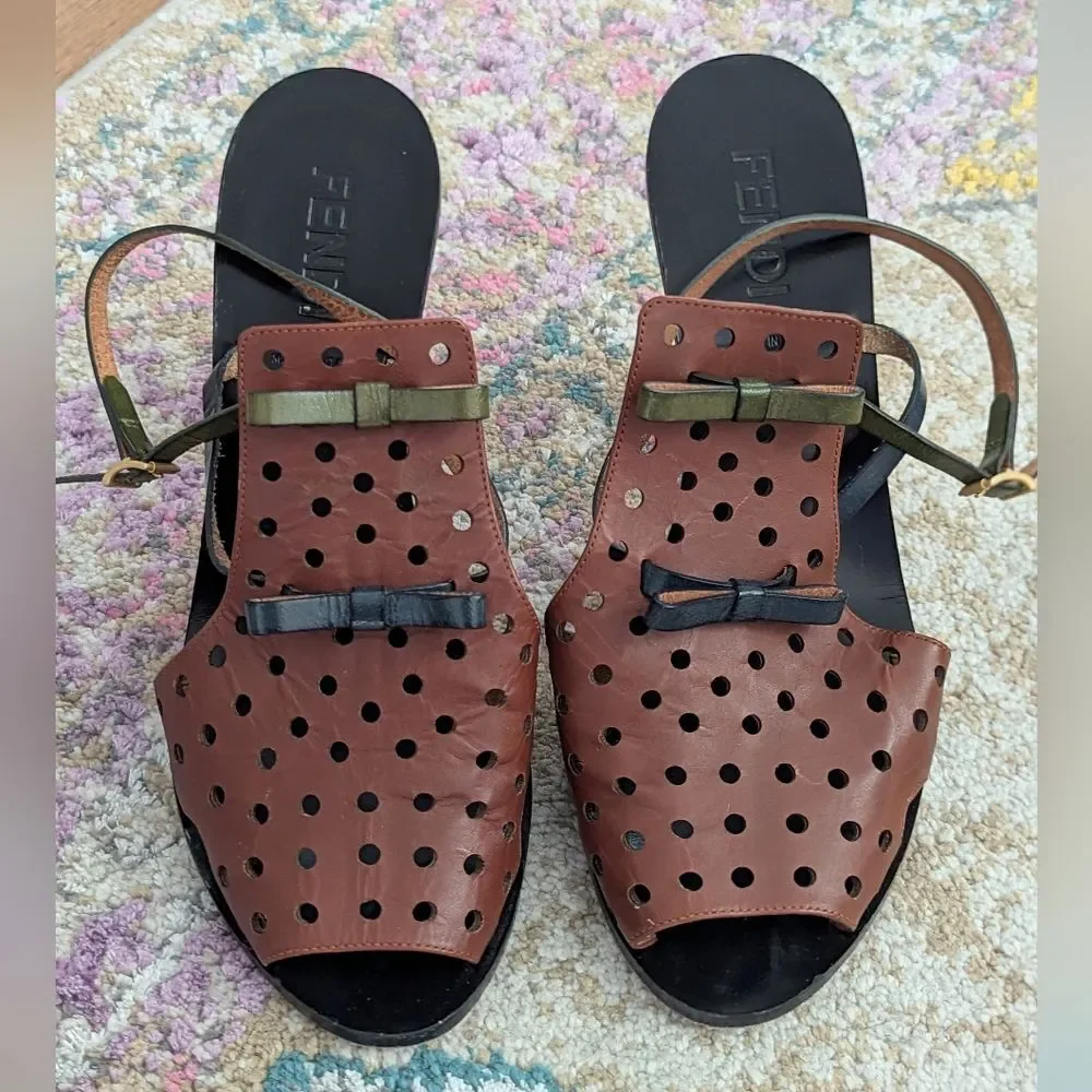 Fendi Perforated Leather Bow Slingback Heels Architectural Cone Heel